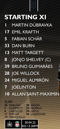 ĐỘI HÌNH RA SÂN trận Newcastle vs Liverpool