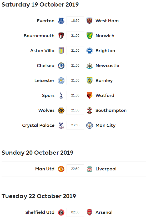 Lịch thi đấu vòng 9 giải Ngoại hạng Anh - Premier League