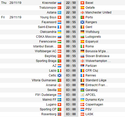 Lịch thi đấu lượt 5 vòng bảng Europa League