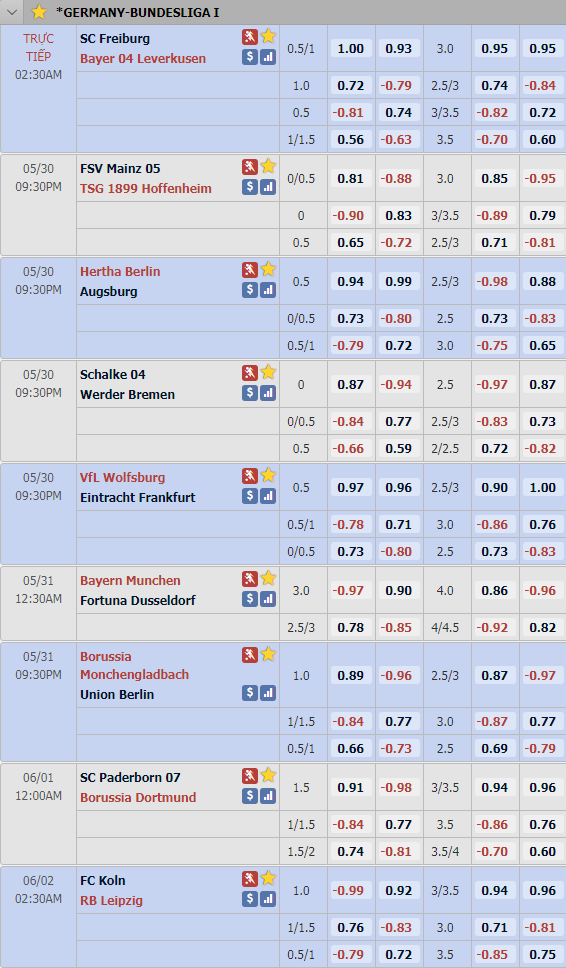 Cập nhật tỷ lệ châu Á vòng 29 giải VĐQG Đức - Bundesliga 1