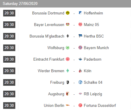 Lịch thi đấu vòng 34 giải VĐQG Đức