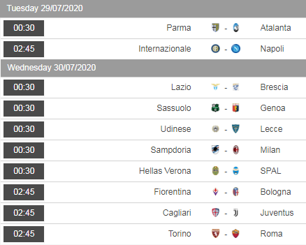 Lịch thi đấu vòng 37 giải VĐQG Italia