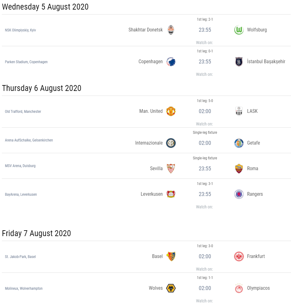 Lịch thi đấu và kết quả vòng 1/8 Europa League